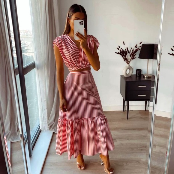 Zara Striped Crop Top with Tie and High Waisted Midi Skirt Coordinating Set NWT - Picture 1 of 15